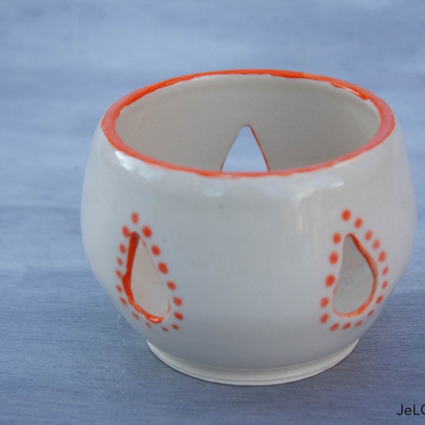 Orange & white Votive or Tea light Candle Holder, handmade, hand thrown and ceramic from JeLO Designs Pottery