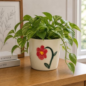 May include: A cream-colored ceramic plant pot with a red flower design and green stem. The pot is filled with a lush green plant with variegated leaves. The pot sits on a wooden surface, with a framed picture and books in the background.