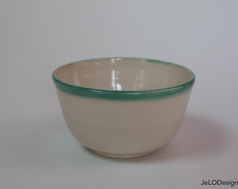 Beautiful handmade ceramic bowls, simple white with green borders