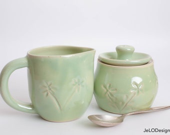 Handmade Creamer and Sugar set, lovely pale green color with simple carvings