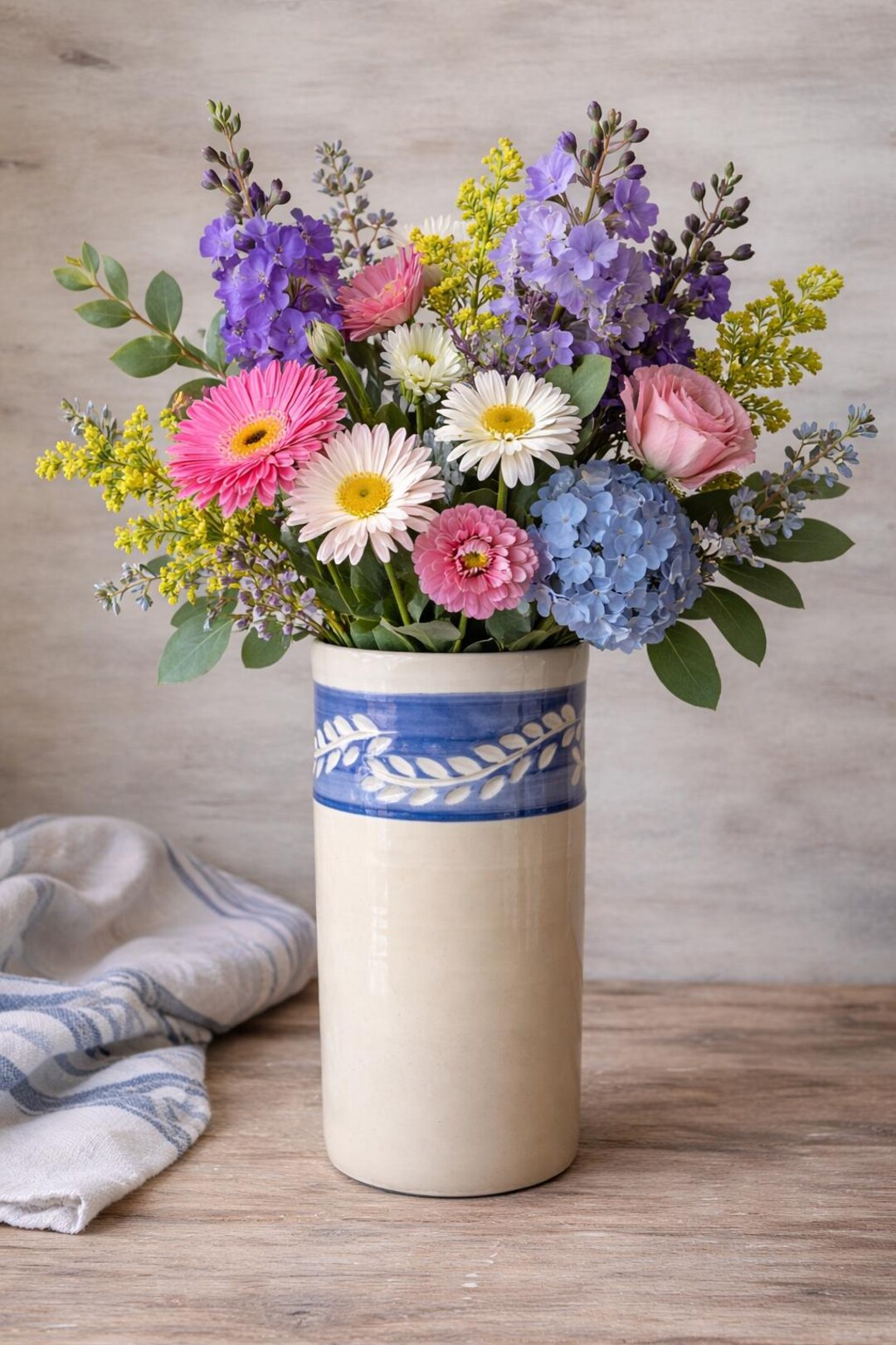 Handmade Carved Leaf Ceramic Vase – Blue and Cream Stoneware Vase ...