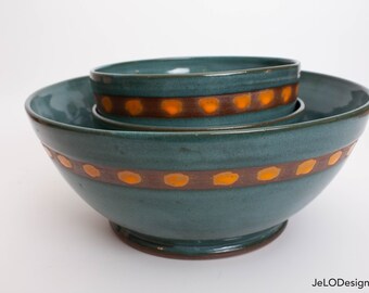 Handmade ceramic green and orange 3-piece pottery bowl set with one serving bowl and two bowls great for soup, one pot meals and more