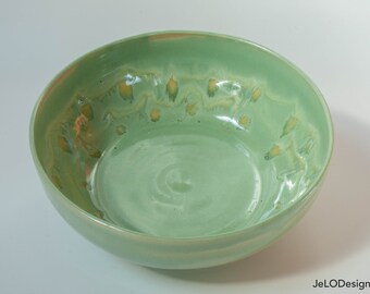 Handmade ceramic bowl with shades of spring greens, great for a fruit bowl, serving bowl, anniversary gift, or anything else