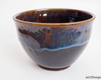 Handmade ceramic bowl embellished with a deep tenmoku & opalescence glaze, great for fruit, serving, anniversary gift, or anything else