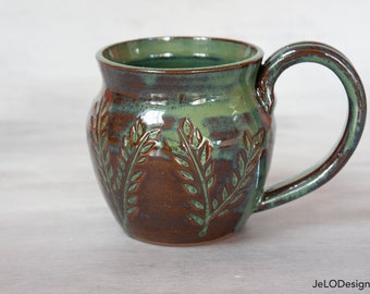 Handmade and hand made green and chocolate brown ceramic mug great for a birthday gift, secret Santa, grab bag, bestie and more