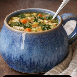 Könnte beinhalten: Eine blaue Keramiktasse gefüllt mit dampfender Suppe, mit sichtbarem Gemüse und Grünzeug. Ein Silberlöffel liegt darin. Die Tasse steht auf einer braunen Oberfläche mit einem gemusterten Tuch. Text auf dem Bild: "Suppe oder Kaffee in dieser Tasse?"