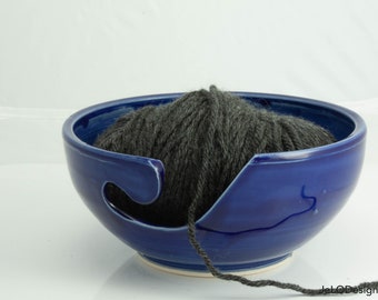 Handmade ceramic cobalt blue yarn bowl for the knitter or crocheter in your life