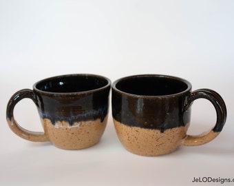 Handmade and hand made black and tan ceramic mugs, great for coffee, tea or hot chocolate, cozy Sunday mornings, gift for a friend and more