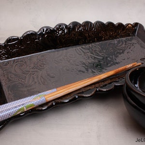 Handcrafted black sushi serving dish with 2 small bowls, also great for a small charcuterie plate, crackers, bread or a gift for someone. image 3