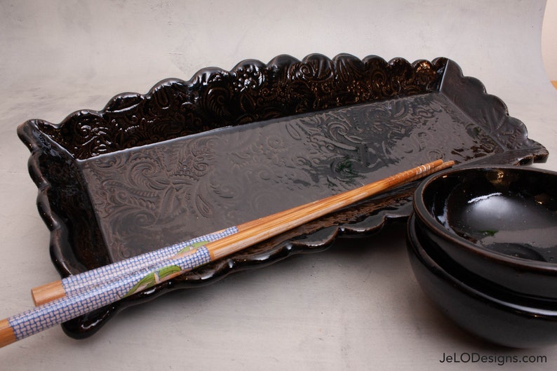 Handcrafted black sushi serving dish with 2 small bowls, also great for a small charcuterie plate, crackers, bread or a gift for someone. image 3