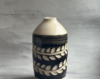 Handmade Stoneware Oil Bottle with Spout: Black & White Ceramic Vinegar Dispenser