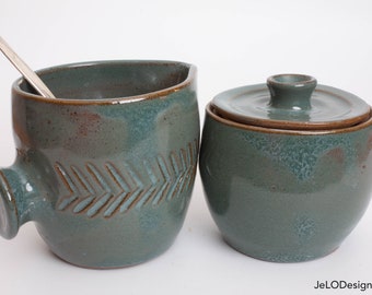 Handmade Creamer and Sugar set, lovely earthy green color with simple carvings