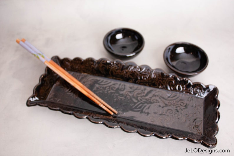 Handcrafted black sushi serving dish with 2 small bowls, also great for a small charcuterie plate, crackers, bread or a gift for someone. image 1