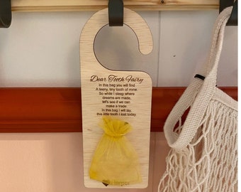 Personalised Wooden Tooth Fairy Door Hanger with bag | tooth decor | Kids door sign | Toothfairy pouch | Toothfairy door sign | lost Tooth