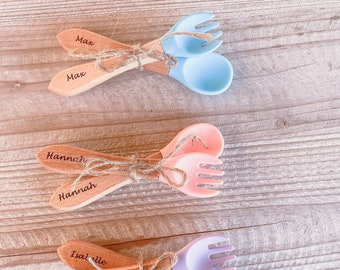 Personalised engraved beech wood and silicon  toddler weaning cutlery set | Baby Shower | New Baby Gift | Spoon and Fork