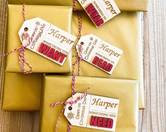 Need, want, read and wear wooden engraved tags reusable | Christmas Gift tags | Christmas Decoration | Christmas Gifting