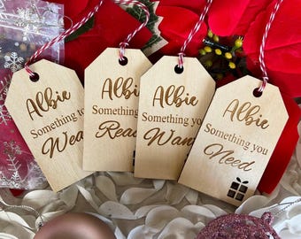 Personalized Engraved Wooden Christmas Tags, Reusable Birch Plywood, Set of 4