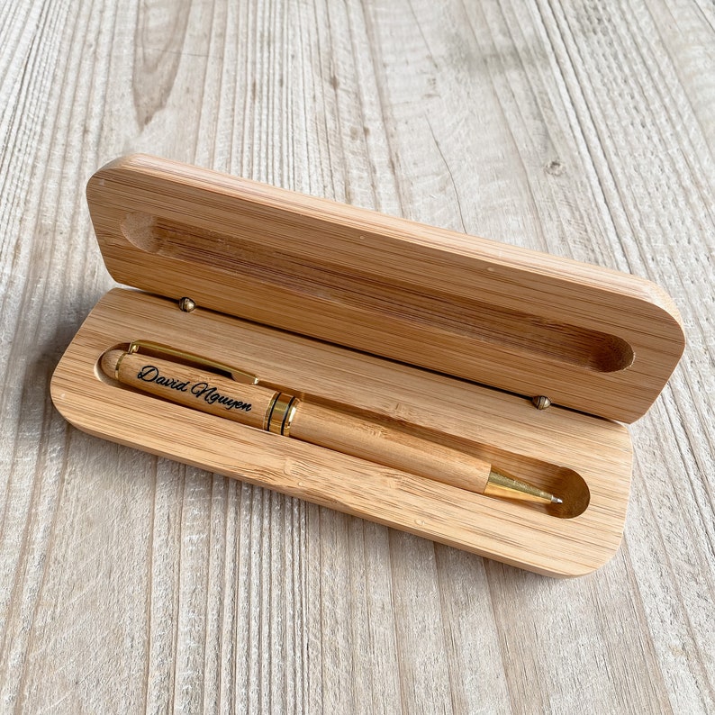 Personalised engraved bamboo pen and case for dad father's Day Gifts for dad personalised wood ball point black pen and case image 3