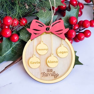 Personalised Family bauble ornament Bow engraved Keepsake | Christmas tree descoration | personalised Xmas gifts | engraved