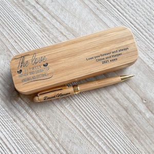 Personalised engraved bamboo pen and case for dad father's Day Gifts for dad personalised wood ball point black pen and case image 1