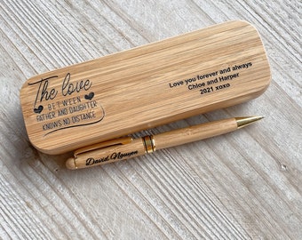 Personalised engraved bamboo pen and case for dad | father's Day | Gifts for dad | personalised wood ball point black pen and case