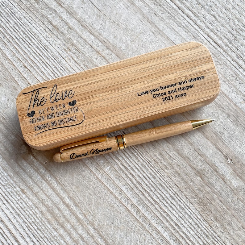 Personalised engraved bamboo pen and case for dad father's Day Gifts for dad personalised wood ball point black pen and case image 1