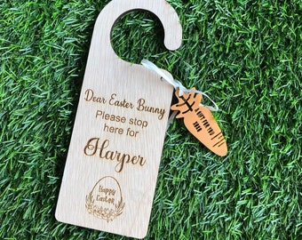 Please stop here Easter Bunny Door Hanger Sign | Engraved | Wood | Personalised | Easter gift for kids