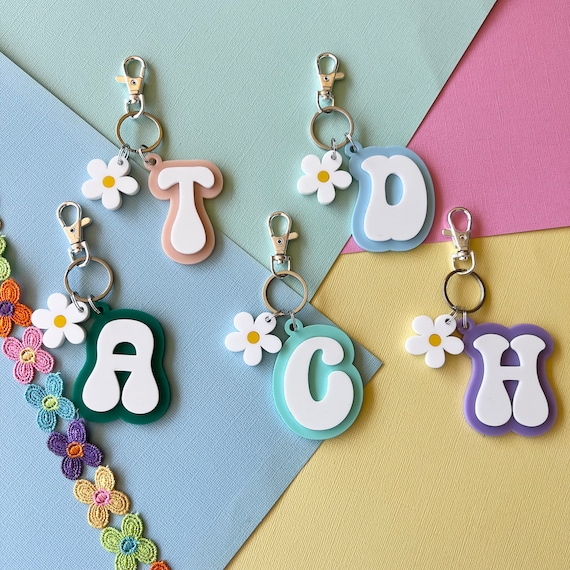 Retro Groovy Letter Key Ring with Daisy - Acrylic Custom Name Tag