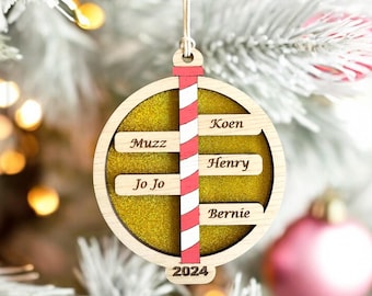 Personalized Family Christmas Ornament: Engraved Wood & Glitter Acrylic