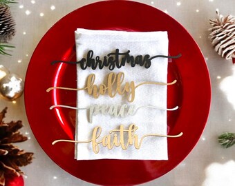 Christmas Wood Place Cards: Holiday Dinner Setting Words