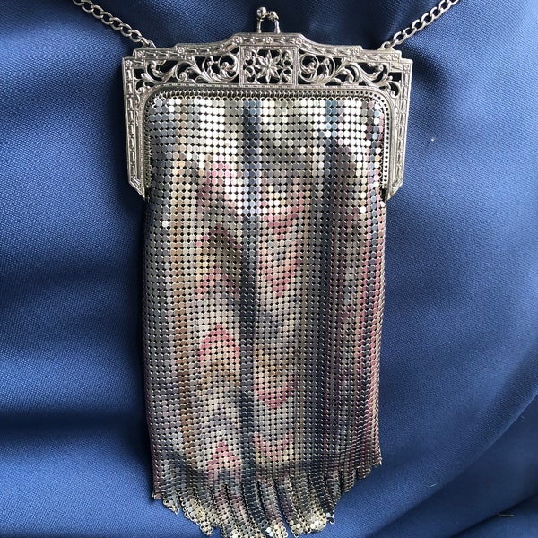 Whiting Davis 110th Anniversary Mesh Purse Art Deco Style Silver Frame Long Strap