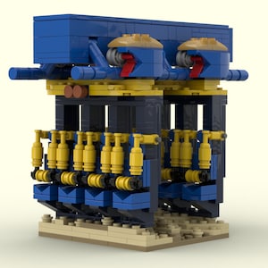 May include: A Lego model of a roller coaster lift hill with blue and yellow support beams and tan track.