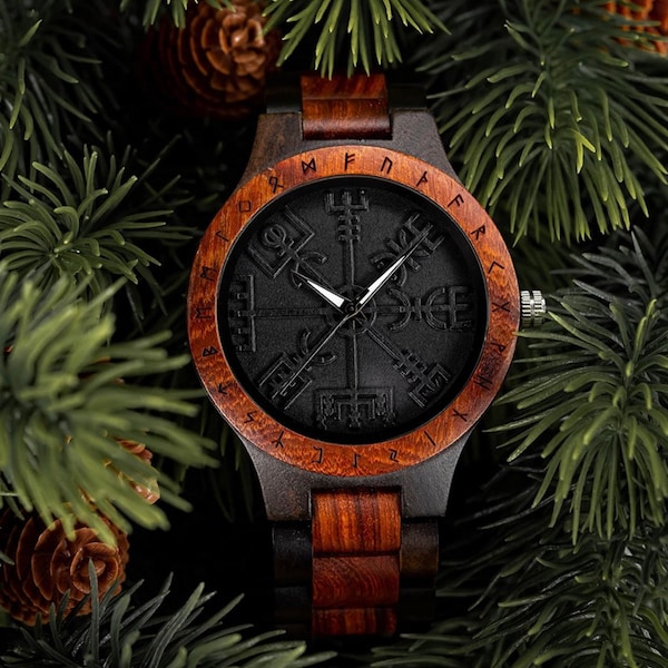 Viking Compass Wooden Watch Viking jewellery gift unique wood watch personalised gifts with message vegvisir Nordic compass helm of awe
