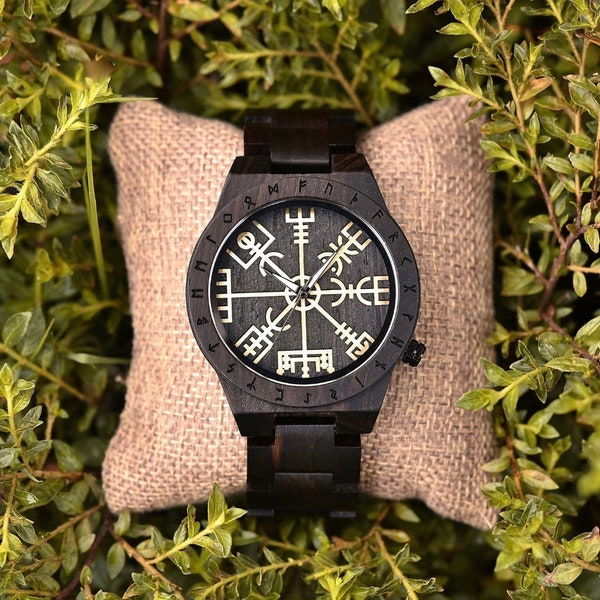 Viking gift for men, Vegvisir viking jewellery Nordic compass, viking runes Wooden watch helm of awe Viking compass viking symbol wood watch