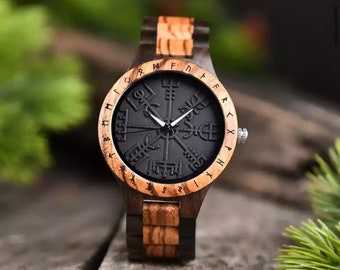 Nordic Gift for Vikings Jewellery wooden watch with free engraving Norse pagan Norse mythology viking style viking compass viking watch