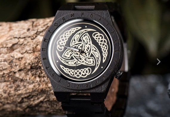 Viking Gift for Men Wooden Watch Triskele Norse Pagan Wooden