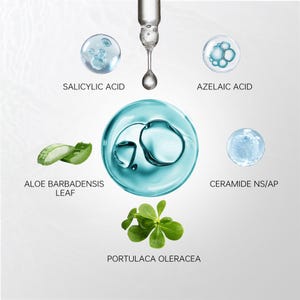 May include: An image showcasing skincare ingredients, including Salicylic Acid, Azelaic Acid, Ceramide NS/AP, Aloe Barbadensis Leaf, and Portulaca Oleracea. A dropper dispenses a clear liquid, with a light background.