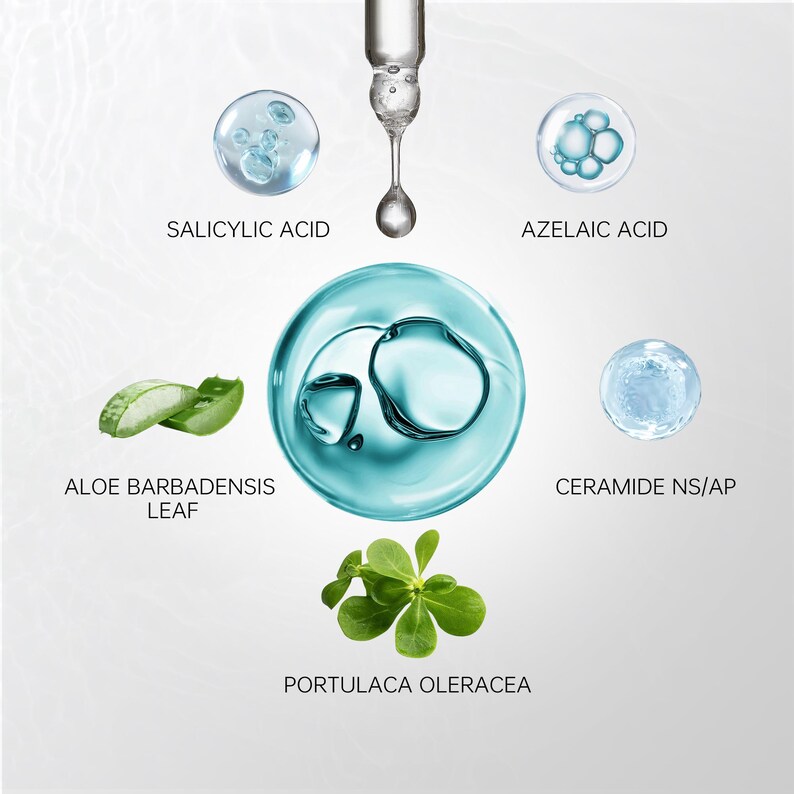 May include: An image showcasing skincare ingredients, including Salicylic Acid, Azelaic Acid, Ceramide NS/AP, Aloe Barbadensis Leaf, and Portulaca Oleracea. A dropper dispenses a clear liquid, with a light background.