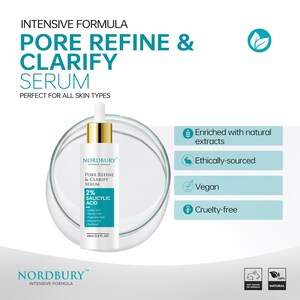 May include: A white serum bottle with a dropper, labeled "PORE REFINE & CLARIFY SERUM" with 2% Salicylic Acid. The product is in a petri dish with text stating it is enriched with natural extracts, ethically-sourced, vegan, and cruelty-free.