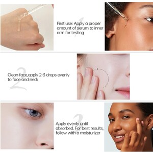 May include: A step-by-step guide for applying serum. The image shows the application process, including testing on the inner arm, applying 2-3 drops to the face and neck, and moisturizing. The text reads: "First use: Apply a proper amount of serum to inner arm for testing."