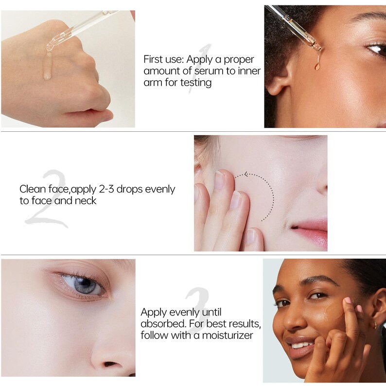 May include: A step-by-step guide for applying serum. The image shows the application process, including testing on the inner arm, applying 2-3 drops to the face and neck, and moisturizing. The text reads: "First use: Apply a proper amount of serum to inner arm for testing."