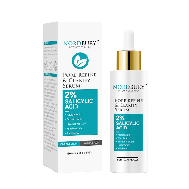 May include: A white serum bottle with a gold cap and dropper, and a matching box. The bottle and box feature the text "NORDBURY" and "PORE REFINE & CLARIFY SERUM" with "2% SALICYLIC ACID". The bottle contains 60ml (2.0 FL OZ).
