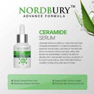 May include: A white and silver Nordbury Ceramide Serum bottle with a dropper. The label reads "Ceramide Serum" and lists benefits like smoothing fine lines and reducing wrinkles. The bottle contains 1 fl oz (30 ml).