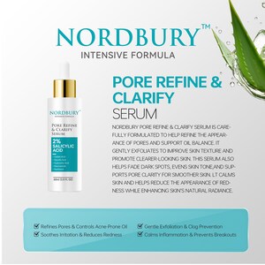 May include: A white serum bottle with a gold cap and dropper, labeled "Nordbury Pore Refine & Clarify Serum." The label includes "2% Salicylic Acid." The image also features text about the serum's benefits, including refining pores and soothing irritation.