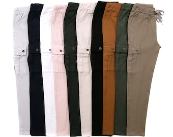 Nordbury Pantalon cargo uni stretch italien pour femmes, Pantalon magique pour femmes, Jogging décontracté de haute qualité sans écrasement avec poches cargo, 10-16 ans UK