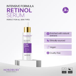 May include: A white Retinol Serum bottle with a gold cap, labeled "2.5% Retinol" and "Nordbury." The product is advertised as "Intensive Formula" and "Perfect for All Skin Types." Additional labels state the product is enriched with natural extracts, ethically-sourced, vegan, and cruelty-free.