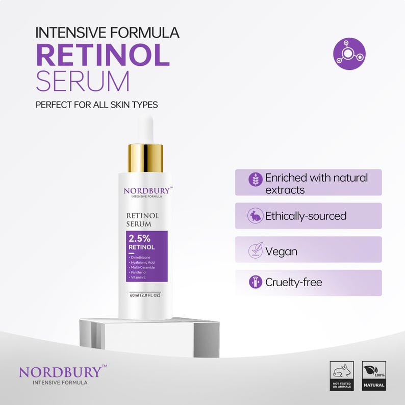 May include: A white Retinol Serum bottle with a gold cap, labeled "2.5% Retinol" and "Nordbury." The product is advertised as "Intensive Formula" and "Perfect for All Skin Types." Additional labels state the product is enriched with natural extracts, ethically-sourced, vegan, and cruelty-free.
