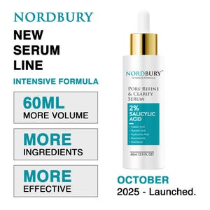 May include: A white Nordbury Pore Refine & Clarify Serum bottle with a gold cap and dropper. The label includes the text "2% Salicylic Acid" and "60ml (2.0 FL OZ)". Additional text includes "New Serum Line" and "October 2025 - Launched."