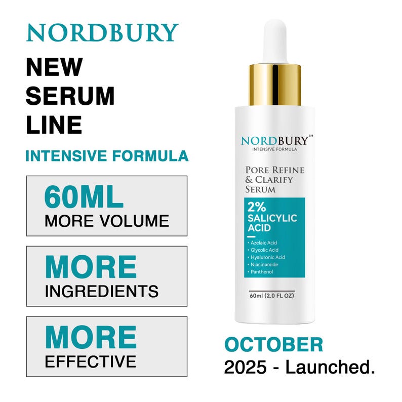 May include: A white Nordbury Pore Refine & Clarify Serum bottle with a gold cap and dropper. The label includes the text "2% Salicylic Acid" and "60ml (2.0 FL OZ)". Additional text includes "New Serum Line" and "October 2025 - Launched."