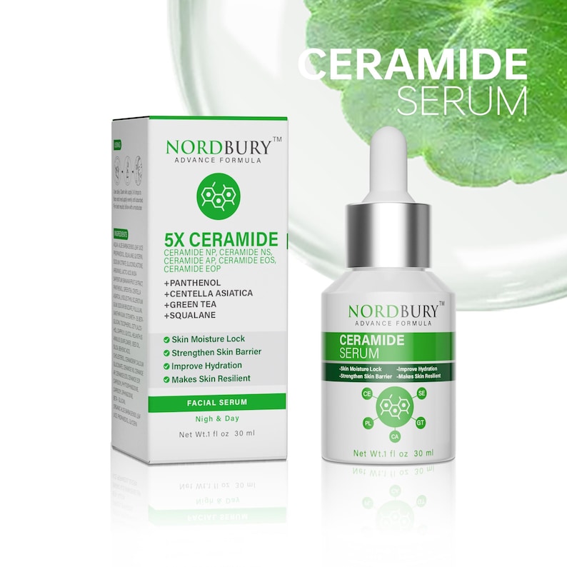 May include: A white bottle and box of Nordbury Ceramide Serum. The bottle has a dropper and a silver cap. The box and bottle have green accents and text that reads "5X Ceramide" and "Facial Serum". The serum is 1 fl oz (30 ml).